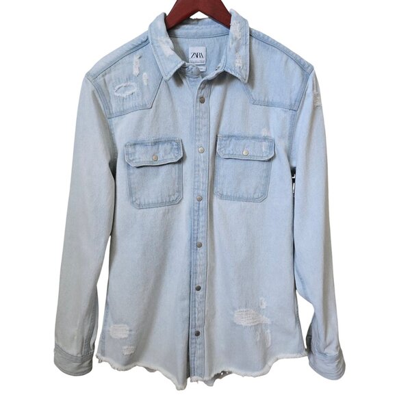 Zara Light Wash Relaxed Fit Distressed Denim Shirt Jacket Shacket - Picture 1 of 13